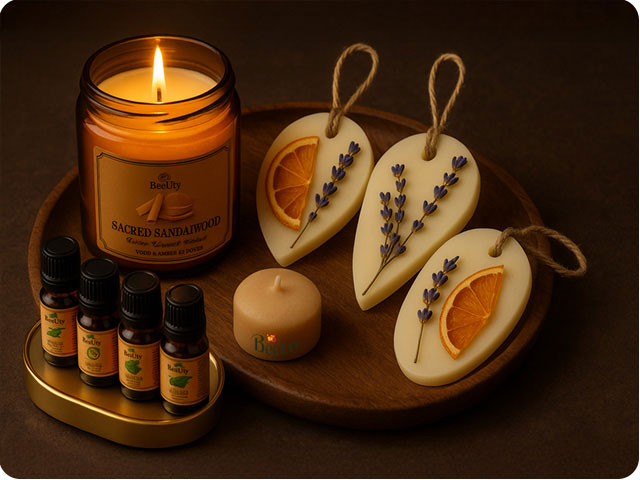 Flatlay nến sáp và tinh dầu BeeUty trên khay gỗ nền nâu – mang phong cách tối giản và hương thơm thư giãn tự nhiên.