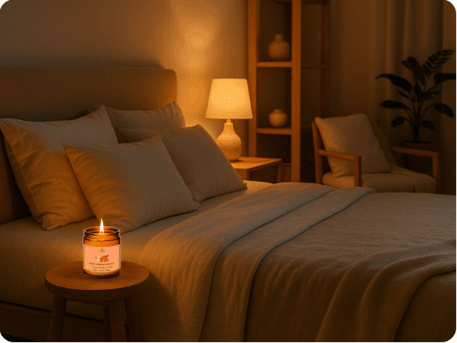 Phòng ngủ thư giãn về đêm với ánh nến BeeUty – lan tỏa hương thơm dịu nhẹ từ nến thơm và sáp thơm phòng.