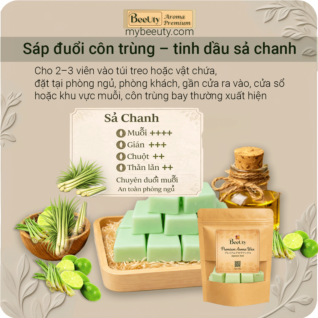 Sáp đuổi muỗi tinh dầu sả chanh thiên nhiên | 12 viên – 6 túi lưới